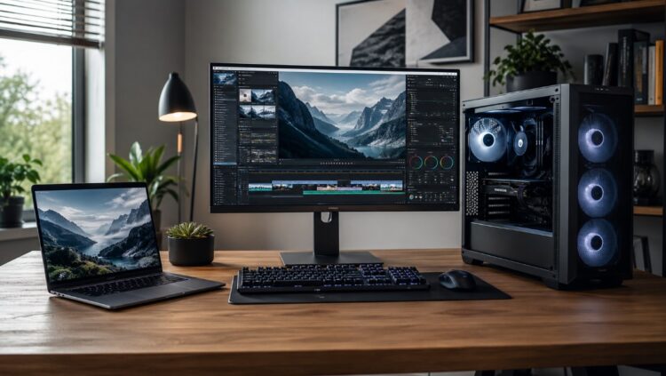 Desktop PC setup with large monitor and tower next to a laptop on a desk, illustrating performance and value differences.