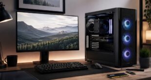 Modern desktop PC setup with monitor, keyboard, mouse, and upgradeable PC tower