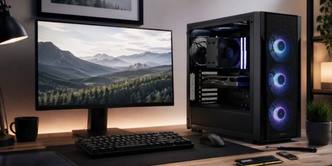 Modern desktop PC setup with monitor, keyboard, mouse, and upgradeable PC tower