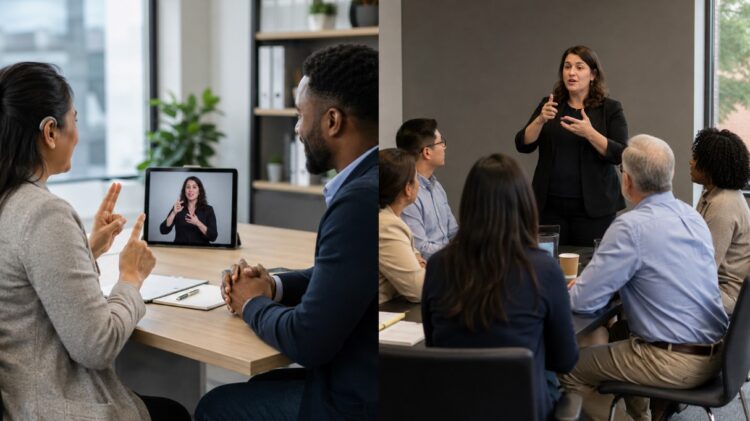 Comparison of video remote interpreting in a one-on-one meeting and in-person sign language interpreting for a larger group.