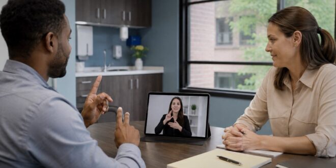 Deaf man using sign language during a meeting while a remote interpreter appears on a tablet screen.