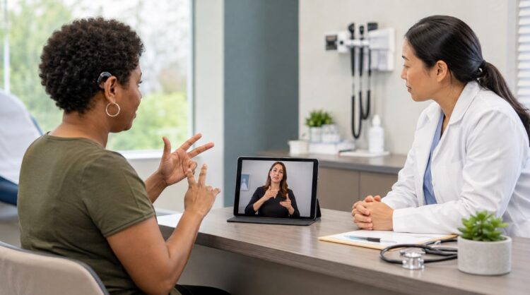 Deaf patient using sign language with a doctor while a remote interpreter appears on a tablet screen.